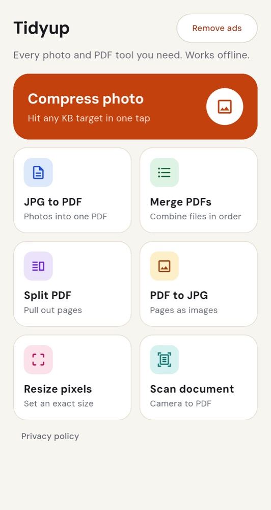 Tidyup home screen listing all seven tools